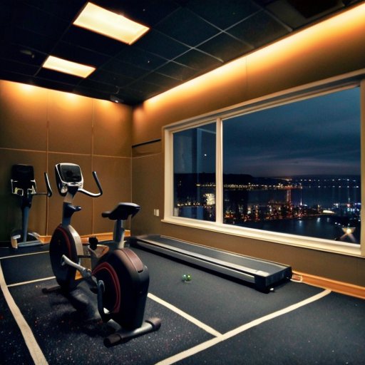 Спокойная ночная тренировка в современном зале с мягким освещением и звёздным небом за окном.