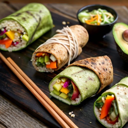 Здоровый обед: нори-роллы с овощами, киноа и авокадо на деревянном столе.