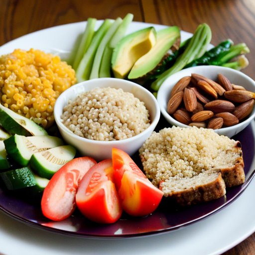 Красивая тарелка с сбалансированным обедом: овощи, курица или тофу, киноа или коричневый рис, авокадо или орехи.