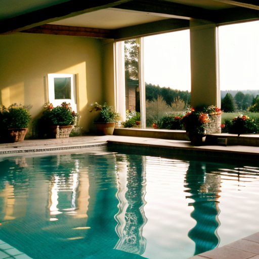 Спокойный бассейн с изменяющимся освещением, отражающим разные времена суток и сезоны.