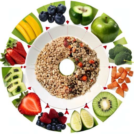 Здоровая тарелка с фруктами, овощами, цельными злаками и нежирным белком, обрамленная measuring tape для символизации осознанного питания.