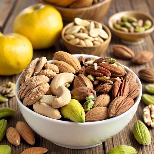 Ассорти из орехов в деревянной миске с яркими этикетками о пользе для здоровья.