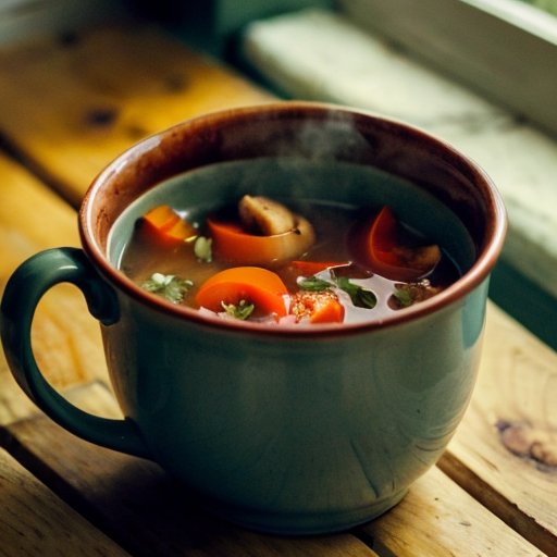 Уютная кухня с чашкой острого супа, перцами, свежими травами и чаем на деревянном столе. Теплый солнечный свет и домашние детали создают атмосферу комфорта.