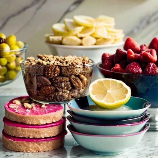 Яркий кухонный стол с фруктами, цитрусовой водой и орехами на фоне сладостей.