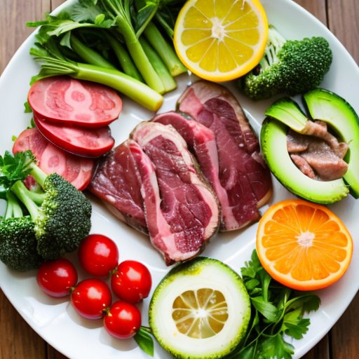 Эстетически оформленная тарелка с вареным языком говядины, свежими травами и овощами, символы здоровья сердца и иммунной системы на фоне.