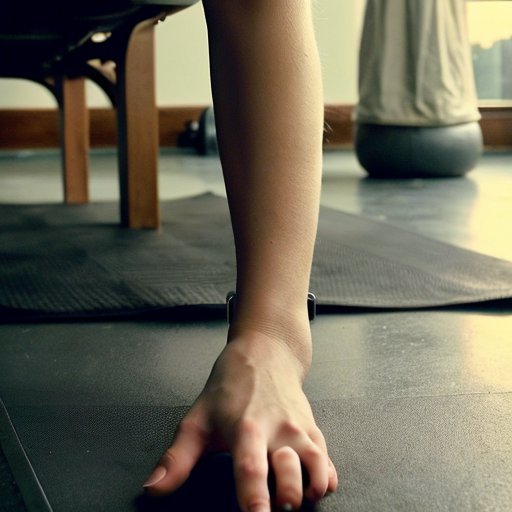 Крепкий стул в светлой комнате с матом для упражнений и инструкцией по выполнению отжиманий на стуле.