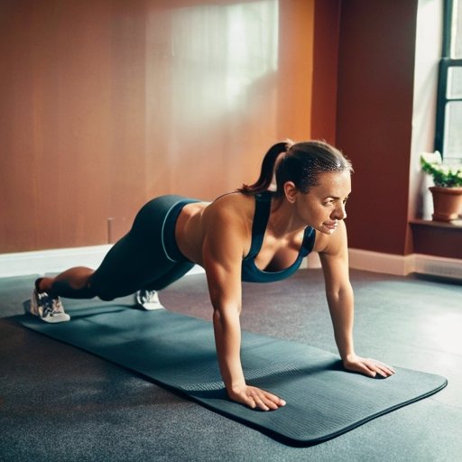 Домашнее пространство для тренировок: коврик для йоги, гантели, стенд с вариациями отжиманий и уютный уголок с растением.