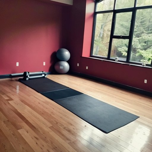 Минималистичное пространство для упражнений с йога-матом, гантелями и бутылкой воды на деревянном полу, освещенное естественным светом.