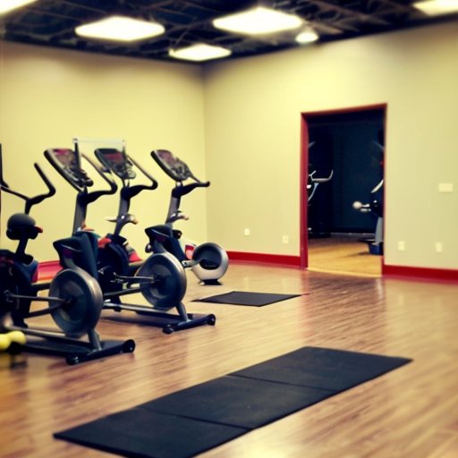 Яркая и организованная фитнес-студия с цветными гантелями, зеркалами и мотивационными цитатами.