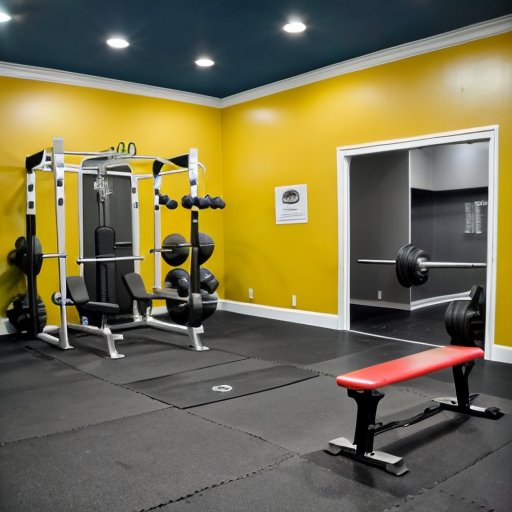 Современный тренажерный зал с оборудованием для силовых тренировок, яркая цветовая схема, мотивирующий постер на стене.
