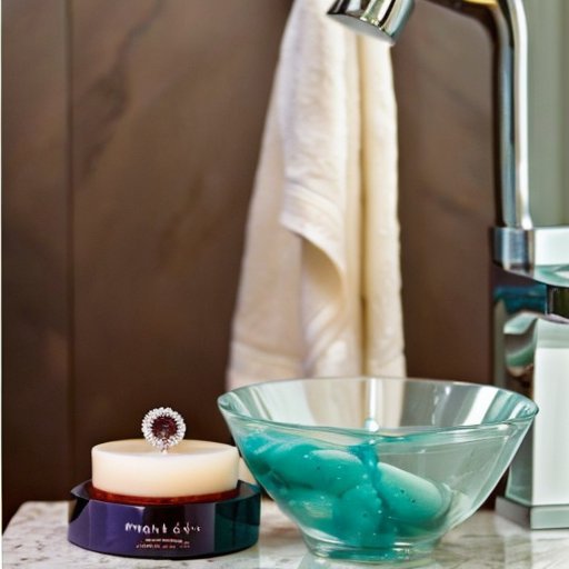 Спокойная ванная с различными патчами для глаз, натуральными экстрактами и мягким светом.