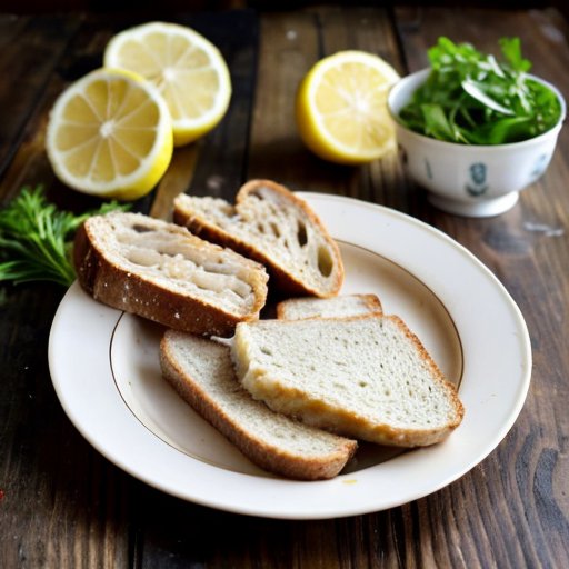 Тарелка с печенью трески, зеленью, лимоном и хлебом на деревянном столе.