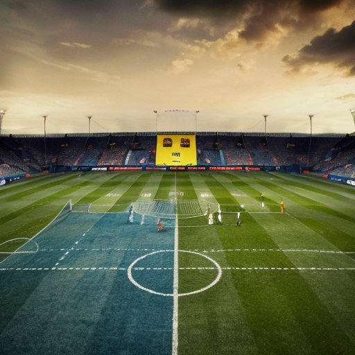 Современный футбольный стадион с яркими синими и желтыми цветами, баннером