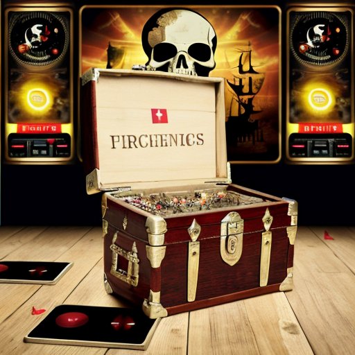 Старинный сундук с цифровыми предметами на фоне экрана с предупреждениями о пиратском контенте.