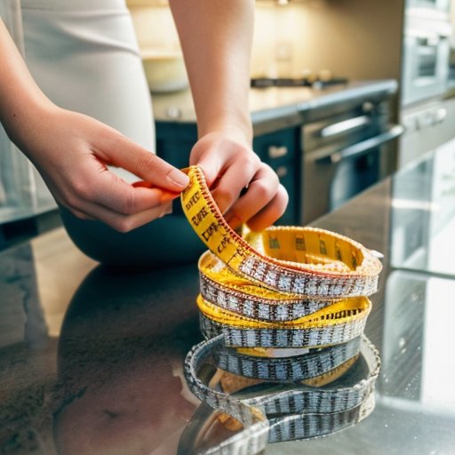 Пластиковая пленка, рулон, сантиметровая лента и весы на гладкой поверхности, символизирующие здоровье и похудение.