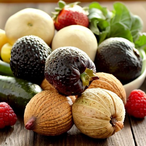 Яркое и здоровое разнообразие пищи: свежие фрукты, овощи, цельнозерновые продукты и полезные жиры на деревянном столе.