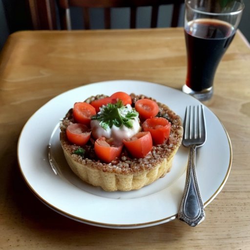 Элегантно оформленное блюдо с яркими ингредиентами на простом столе.