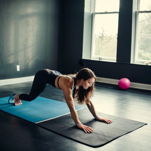 Минималистичный домашний спортзал с йога-матом, гантелями, эспандером и секундомером в светлом пространстве.