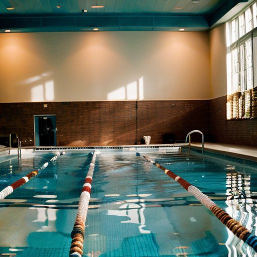 Спокойный бассейн с ясной водой и иллюстрациями ключевых мышечных групп для брасса.