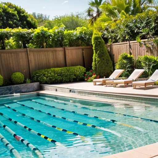 Спокойный бассейн с зеленью и плавательными аксессуарами для похудения.