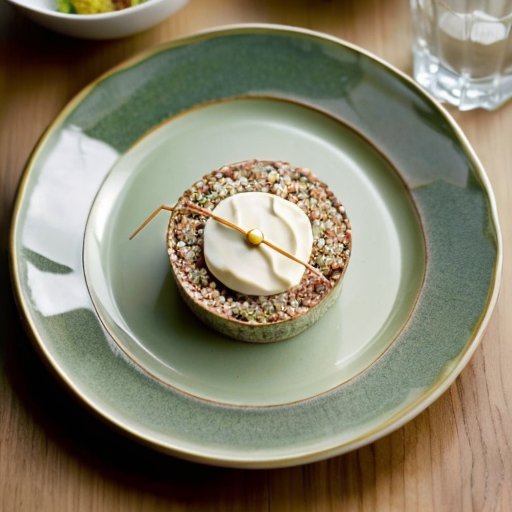 Сбалансированная тарелка с полезной едой и символами отслеживания калорий на фоне спокойного пейзажа.