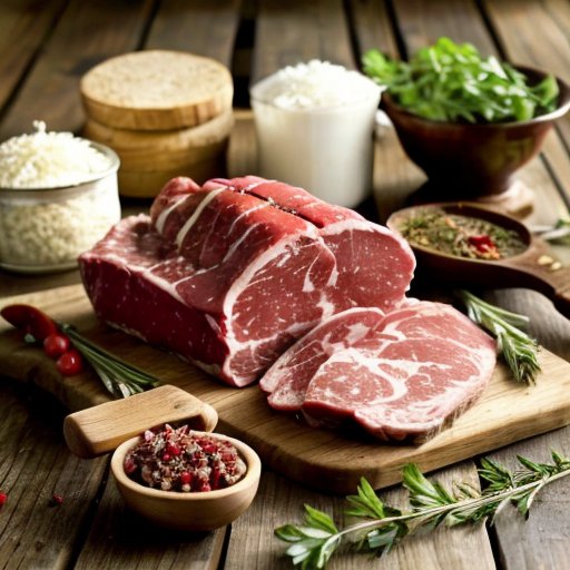 Деревянный стол с сырыми мясными нарезками, свежими травами и специями, рядом с кухонными инструментами и намеком на огонь.