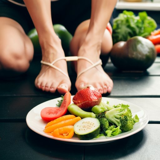 Сбалансированная тарелка с белками, полезными жирами и овощами на фоне спортивного оборудования и часов, символизирующих важность баланса в питании и восстановлении.