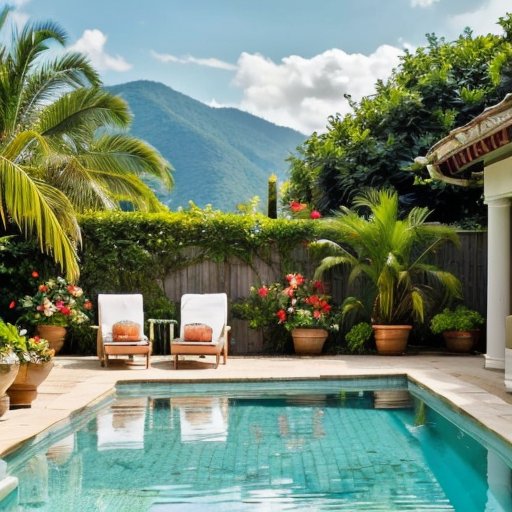 Спокойный бассейн с чистой водой, окруженный зелеными растениями, и здоровый перекус рядом.