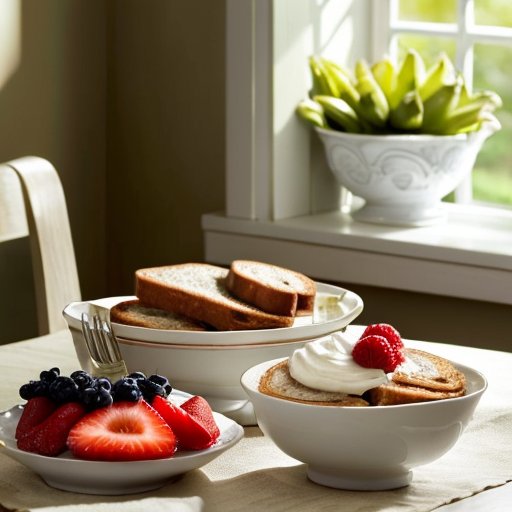 Спокойный завтрак с фруктами, тостами и йогуртом в мягком утреннем свете.