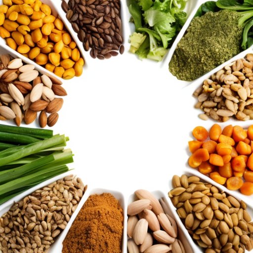 Разнообразная тарелка с мясом, бобами, орехами и овощами на фоне культурных символов.