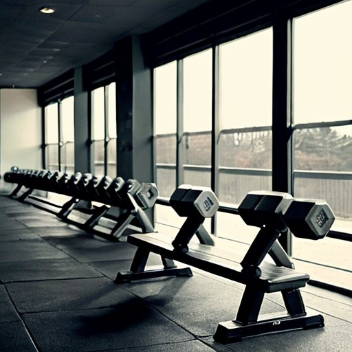 Организованный спортивный зал с гантелями на скамье, зеркалом и аккуратной стойкой с весами.