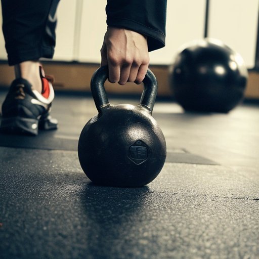 Гиря на спортивном полу среди фитнес-оборудования.