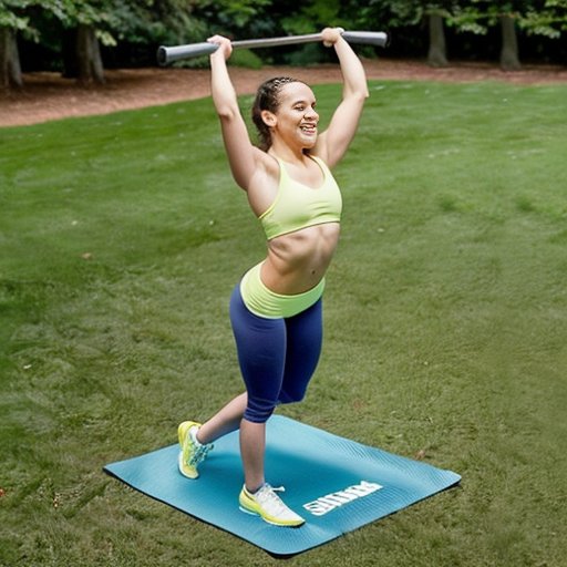 Уличный турник в парке с зеленью и синим небом, рядом яркие коврики для упражнений.