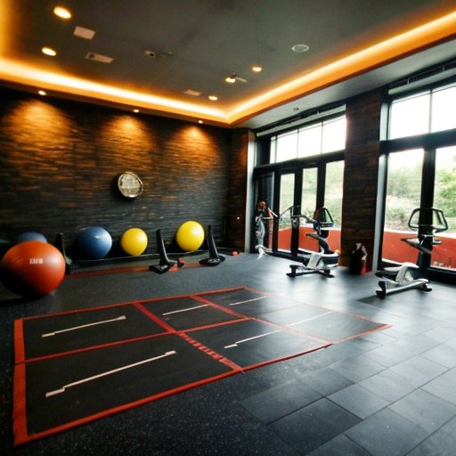 Динамичная фитнес-сцена с оборудованием для HIIT, таймером и яркими цветами в спортивном зале.