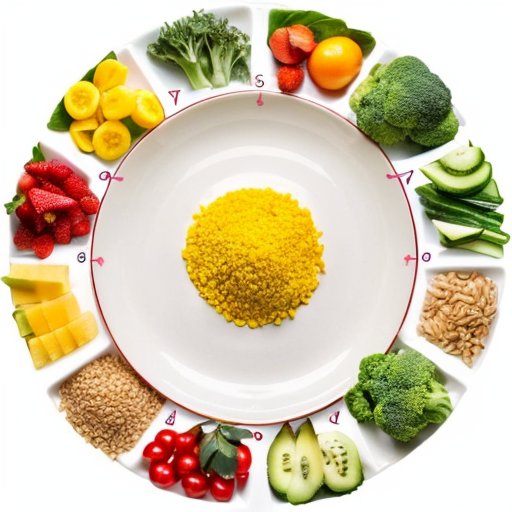 Цветная тарелка с разнообразной здоровой пищей, окруженная измерительными лентами и весами, символизирующая баланс в питании.