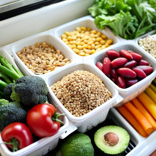 Упорядоченный кухонный стол с полезными продуктами для эндоморфной диеты.