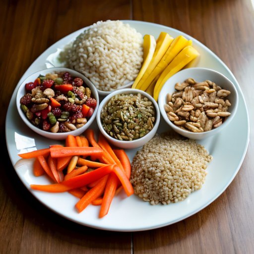 Сбалансированное питание: тарелка с овощами, белками, цельными злаками и орехами, вода и план питания.