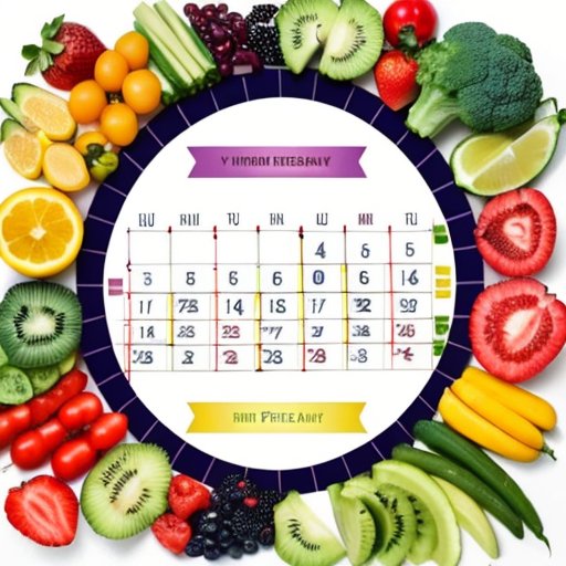 Сбалансированное питание: тарелка с фруктами, овощами, белками и злаками, бутылка воды и фитнес-трекер на фоне календаря с расписанием тренировок.