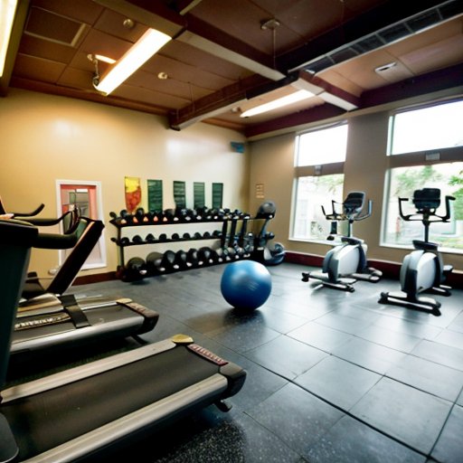 Современный тренажерный зал с оборудованием и мотивационным постером о фитнесе и здоровом питании.