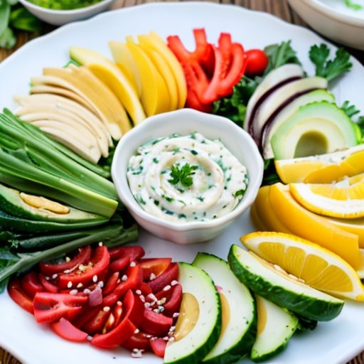 Яркий салат с зеленью и овощами, рядом со здоровыми соусами.