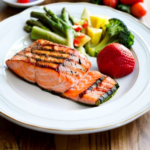Ужин на тарелке: гриль-лосось, овощи, киноа и фрукты на фоне уютного стола.