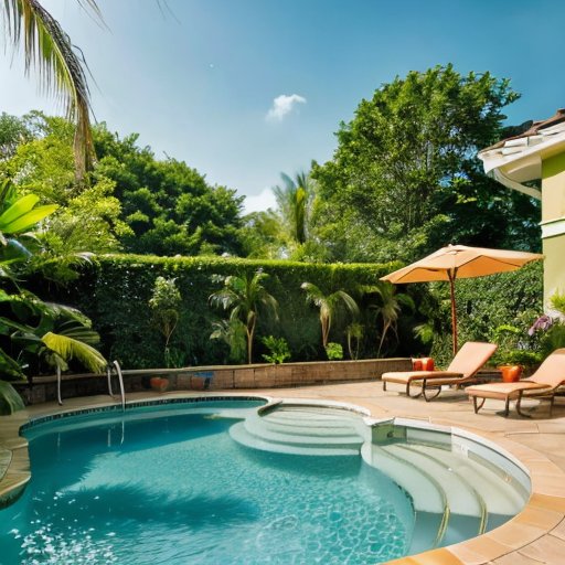 Спокойный бассейн с зелеными растениями и яркими надувными кругами под ясным небом.