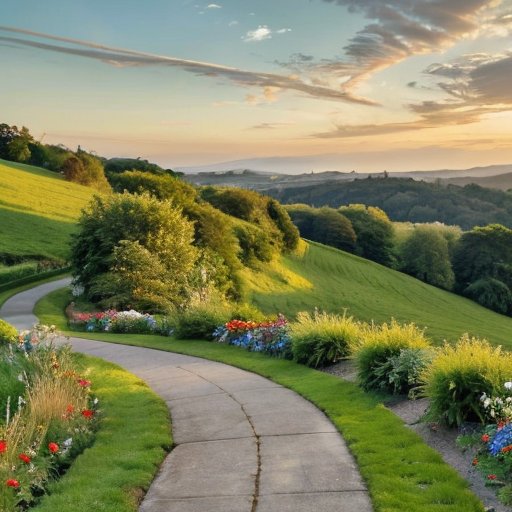 Спокойный пейзаж с извивающейся дорожкой в парке, цветами и восходом солнца.