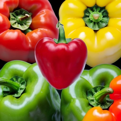 Яркий красный перец с иконками витаминов и символами здоровья на фоне красочной кухни.