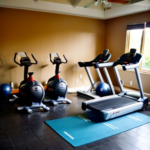 Современный спортивный зал с тренажерами, яркой атмосферой и мотивационными постерами.