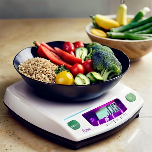 Здоровая тарелка с овощами, белками и цельными злаками, весы с калориями и блокнот для подсчета.