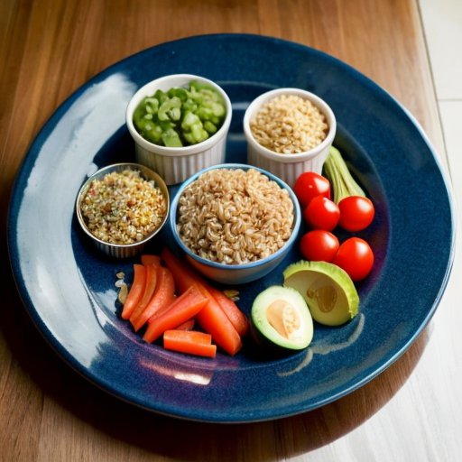 Сбалансированное блюдо для эктоморфа: курица, рыба, коричневый рис, киноа, авокадо, орехи и овощи на фоне чистой кухни.