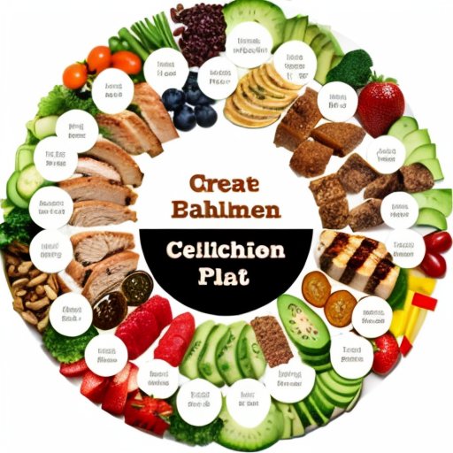 Уравновешенная тарелка с разнообразной пищей для 2000 калорий.