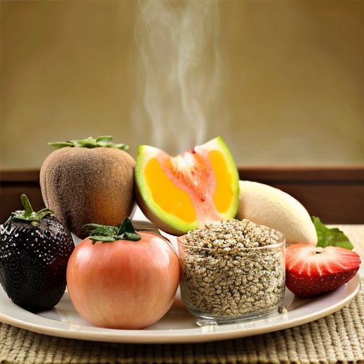 Состав натюрморта с полезной едой: фрукты, овощи, цельные злаки, вода и травяной чай на деревянном столе.