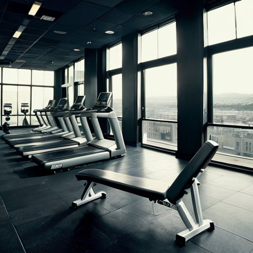 Современный спортзал с бутылкой воды и полотенцем на скамье, цифровой экран с графиком гидратации и счетчиком калорий.